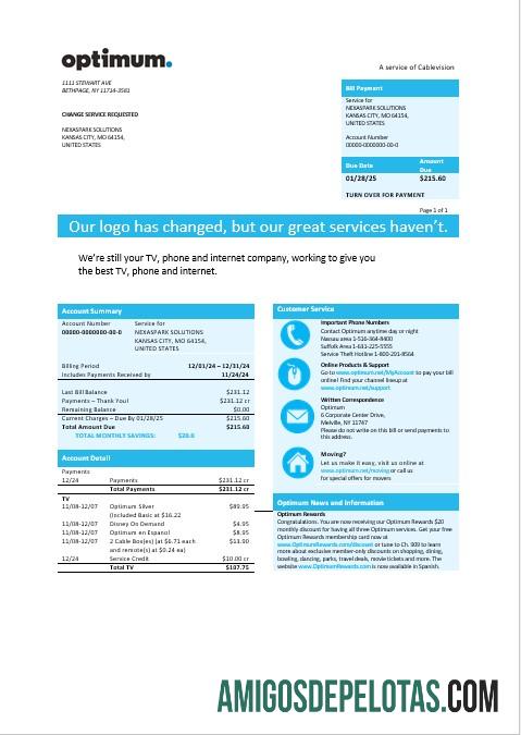 Para baixar modelo de conta de serviços públicos da Optimum Cablevision Business dos EUA, Nova York, em formatos Word e PDF